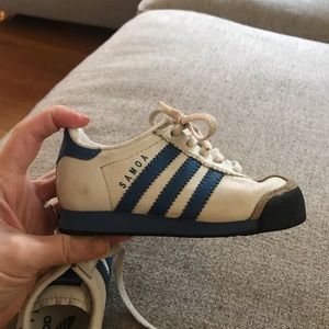 SOLD on Mercari.  Toddler size 6.5 white & blue Samoa Adidas shoes